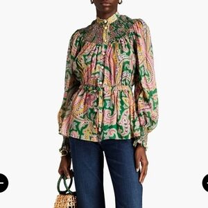 NWT$595 ZIMMERMANN Teddy Pleated Smocked Paisley-Print Ramie Shirt Blouse Top 0